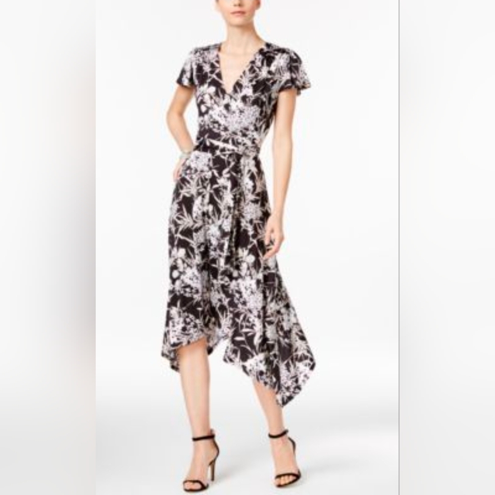 INC Dress Jersey Asymmetrical Fit-Flared Belted Dress Large